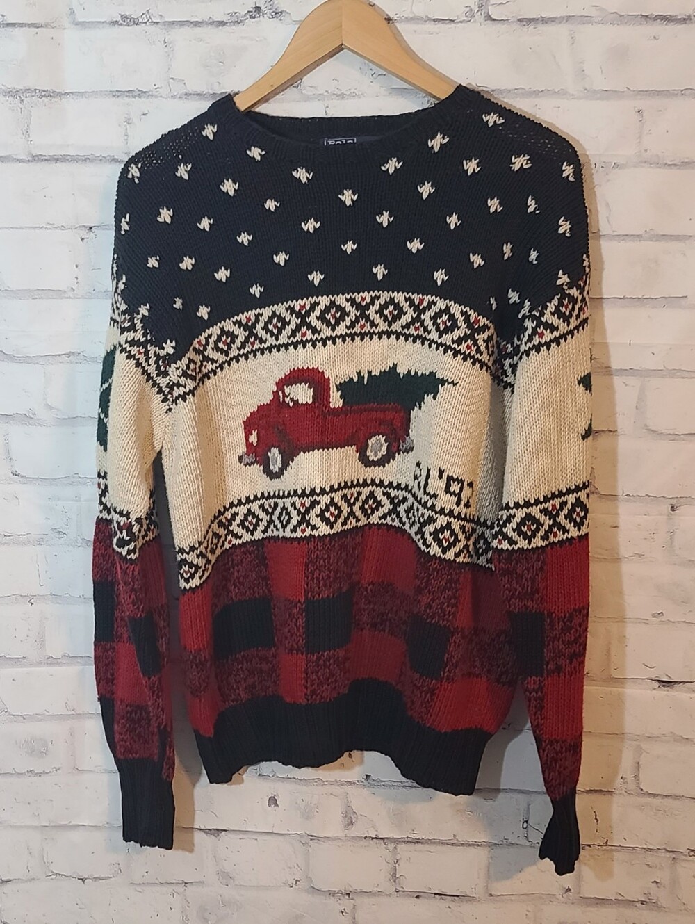 Vintage Ralph Lauren Rare 1992 Red Truck Christmas Sweater Hand Knit Linen Cott